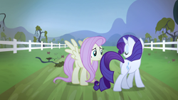 Size: 1280x720 | Tagged: safe, screencap, fluttershy, rarity, pegasus, pony, unicorn, bats!, out of context