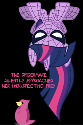 Size: 1140x1707 | Tagged: safe, artist:imageconstructor, derpibooru import, twilight sparkle, bird, pony, .svg available, black background, clothes, costume, crossover, female, mare, simple background, smiling, spider-man, spidermare, svg, upside down, vector, wat