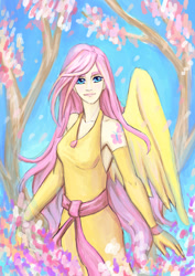 Size: 600x849 | Tagged: safe, artist:a-elly, fluttershy, human, clothes, dress, evening gloves, humanized, light skin, solo, winged humanization