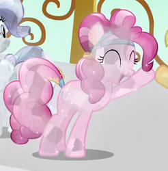 Size: 313x318 | Tagged: safe, screencap, pinkie pie, rarity, earth pony, pony, unicorn, the crystal empire, cropped, crystallized, eyes closed, happy, outfit catalog, solo focus, waving