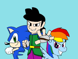 Size: 1024x768 | Tagged: safe, artist:samherooflight, derpibooru import, rainbow dash, oc, oc:sam, human, blue background, crossover, simple background, solo, sonic the hedgehog, sonic the hedgehog (series)