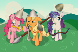 Size: 1095x730 | Tagged: safe, artist:xonxt, applejack, pinkie pie, rarity, earth pony, pony, unicorn, bow (weapon), spear, sword, the bogatyrs, vastetsov