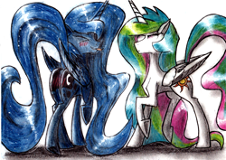 Size: 3484x2464 | Tagged: safe, artist:crestfallencelestia, princess celestia, princess luna, alicorn, pony, plot, traditional art