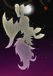 Size: 3500x5000 | Tagged: safe, artist:neonstreaksns, fluttershy, bat pony, pony, bats!, apple, flutterbat, hanging, moon, night, race swap, solo, stars, tree, upside down