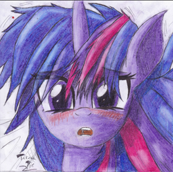 Size: 1376x1371 | Tagged: safe, artist:takedapie, derpibooru import, twilight sparkle, blushing, looking at you, solo, traditional art