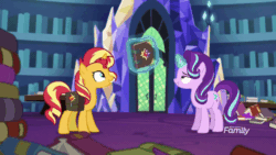Size: 800x450 | Tagged: safe, screencap, starlight glimmer, sunset shimmer, pony, unicorn, equestria girls, mirror magic, spoiler:eqg specials, animated, book, cute, duo, female, gif, in the human world for too long, journal, levitation, library, magic, magic aura, magic mirror, mare, shimmerbetes, telekinesis, twilight's castle, twilight's castle library