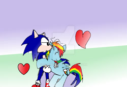 Size: 900x617 | Tagged: safe, artist:soni8888, derpibooru import, rainbow dash, pegasus, pony, background pony strikes again, crossover, dude not funny, female, heart, interspecies, male, op is a cuck, shipping, sonic the hedgehog, sonic the hedgehog (series), sonicdash, straight, watermark