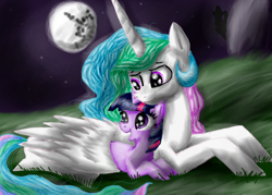 Size: 700x500 | Tagged: safe, artist:silvy-fret, princess celestia, twilight sparkle, alicorn, pony, hug, mare in the moon, moon, prone, winghug