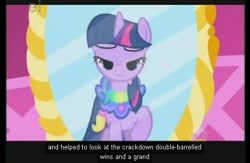 Size: 495x323 | Tagged: safe, derpibooru import, screencap, twilight sparkle, the ticket master, ei, hub logo, saddle, solo, tack, youtube caption