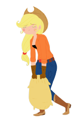 Size: 1100x1738 | Tagged: safe, artist:cosmicponye, applejack, human, applejack's hat, carrying, cowboy hat, eyes closed, female, hat, humanized, solo, working