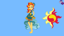Size: 4888x2752 | Tagged: safe, artist:chainchomp2 edit, artist:myrami, artist:nintendorkly, artist:seahawk270, edit, sunset shimmer, equestria girls, legend of everfree, alternate hairstyle, barefoot, blue background, clothes, cup, cutie mark, dress, equestria girls logo, feet, female, legend of everfeet, lidded eyes, looking at you, simple background, smiling, solo, sunfeet shimmer, vector, wallpaper, wallpaper edit