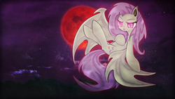 Size: 1920x1080 | Tagged: safe, artist:cyanaeolin, artist:vipeydashie, edit, fluttershy, bat pony, pony, flutterbat, looking at you, moon, night, race swap, solo, wallpaper