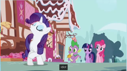 Size: 646x358 | Tagged: safe, derpibooru import, screencap, pinkie pie, rarity, spike, twilight sparkle, dragon, earth pony, pony, unicorn, the ticket master, eyes closed, frown, idiot, raised eyebrow, raised hoof, smiling, youtube caption