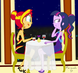 Size: 1024x960 | Tagged: safe, artist:fernandash, sunset shimmer, twilight sparkle, equestria girls, alcohol, alternate hairstyle, clothes, date, dress, female, glass, lesbian, shipping, sunsetsparkle, wine, wine glass