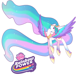 Size: 1024x1024 | Tagged: safe, artist:kmwolf, princess celestia, alicorn, pony, female, horn, mare, multicolored mane, rainbow power, solo, white coat