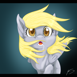 Size: 894x894 | Tagged: safe, artist:chibikemono, derpy hooves, pegasus, pony, drool, eye reflection, female, looking at you, mare, muffin, solo, that pony sure does love muffins