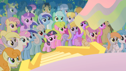 Size: 1366x768 | Tagged: safe, screencap, amethyst star, berry punch, berryshine, bon bon, candy mane, carrot top, cherry berry, cloud kicker, coco crusoe, daisy, derpy hooves, dizzy twister, doctor whooves, flower wishes, golden harvest, lemon hearts, lightning bolt, linky, lyra heartstrings, minuette, orange box, orange swirl, ponet, princess celestia, shoeshine, sparkler, sweetie drops, twilight sparkle, twinkleshine, white lightning, alicorn, pegasus, pony, the cutie mark chronicles, background pony, blank flank, female, grin, looking up, mare, open mouth, princess celestia's hair, smiling, watching, younger