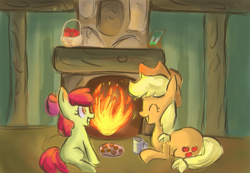 Size: 985x682 | Tagged: safe, artist:berryden, apple bloom, applejack, earth pony, pony, eyes closed, fire, fireplace, sisters