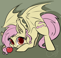 Size: 1280x1233 | Tagged: safe, artist:inkie-heart, fluttershy, bat pony, pony, bats!, apple, cute, flutterbat, looking at you, race swap, shyabates, shyabetes, solo