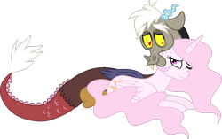 Size: 1844x1156 | Tagged: safe, artist:poikahorse, discord, princess celestia, alicorn, pony, dislestia, female, male, pink-mane celestia, shipping, straight, younger