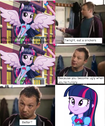 Size: 599x719 | Tagged: safe, derpibooru import, twilight sparkle, twilight sparkle (alicorn), alicorn, human, equestria girls, equestria girls (movie), are equestrian girls human?, clothes, comic, equestria girls plus, equestria girls prototype, implied mutation, living doll, mutation, obsession, ponied up, skirt, snickers, twismile, you're not you when you're hungry