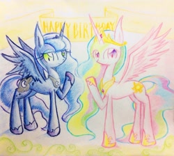 Size: 1024x918 | Tagged: safe, artist:91o42, princess celestia, princess luna, alicorn, pony, pixiv, traditional art