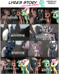 Size: 3929x4904 | Tagged: safe, artist:goatcanon, bon bon, double diamond, lyra heartstrings, night glider, starlight glimmer, sugar belle, sweetie drops, earth pony, pony, unicorn, comic:lyra's story, the cutie map, 3d, backstory, bacon braids, braid, comic, dialogue, equal cutie mark, equal town, female, flashback, mare, our town, s5 starlight, source filmmaker, staff, staff of sameness, starlight's village