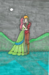 Size: 2138x3239 | Tagged: safe, artist:isabellafaleno, big macintosh, fluttershy, human, clothes, dress, female, fluttermac, gala dress, humanized, kissing, light skin, male, shipping, straight, traditional art