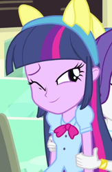 Size: 400x614 | Tagged: safe, derpibooru import, rarity, twilight sparkle, equestria girls, equestria girls (movie), wink