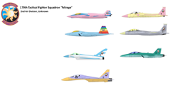 Size: 1552x772 | Tagged: safe, artist:flyboynd, cloud kicker, derpy hooves, firefly, fluttershy, lightning bolt, medley, rainbow dash, white lightning, pegasus, g1, ace combat, asf-x shinden ii, emblem, eurofighter typhoon, f-15 eagle, f-22 raptor, f/a-18 hornet, fanfic, fanfic art, female, jet, jet fighter, mare, mirage squadron, no pony, su-33