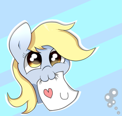 Size: 989x943 | Tagged: safe, artist:papibabidi, derpy hooves, pegasus, pony, :3, cute, derpabetes, female, heart, i love you, letter, mare, mouth hold, solo