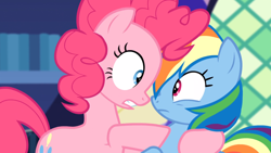 Size: 1366x768 | Tagged: safe, derpibooru import, screencap, pinkie pie, rainbow dash, equestria girls, rainbow rocks, book, boop, eye contact, frown, gritted teeth, holding, looking at each other, noseboop, poking, raised hoof, wide eyes