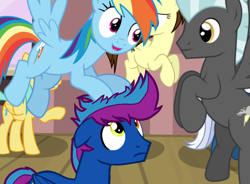 Size: 900x661 | Tagged: safe, derpibooru import, rainbow dash, thunderlane, oc, oc:runner bolt, pegasus, pony