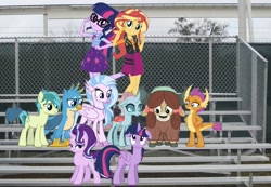 Size: 1362x941 | Tagged: safe, editor:php77, gallus, ocellus, sandbar, sci-twi, silverstream, smolder, starlight glimmer, sunset shimmer, twilight sparkle, twilight sparkle (alicorn), yona, alicorn, classical hippogriff, griffon, hippogriff, better together, equestria girls, school daze, equestria girls in real life, geode of empathy, geode of telekinesis, irl, magical geodes, photo, ponies in real life, student six, twolight