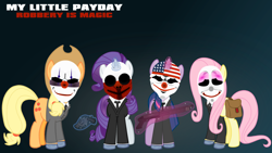 Size: 1920x1080 | Tagged: safe, artist:hardtobegod, applejack, fluttershy, rarity, twilight sparkle, earth pony, pegasus, pony, unicorn, wolf, chains, clothes, crossover, dallas, female, gloves, gun, handgun, hooves, hoxton, mare, mask, necktie, payday, payday the heist, payday: the heist, reinbeck, revolver, saddle bag, shotgun, suit, weapon, wings