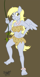 Size: 789x1500 | Tagged: safe, artist:sagabel, derpy hooves, anthro, plantigrade anthro, anklet, barefoot, bikini, cave pony, caveman, cavemare, cavewoman, clothes, feet, loincloth, muffin bikini, necklace, pearl, solo, swimsuit, tarzan, toes, vine