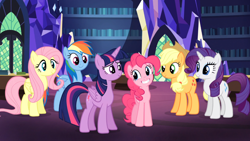 Size: 1366x768 | Tagged: safe, derpibooru import, screencap, applejack, fluttershy, pinkie pie, rainbow dash, rarity, twilight sparkle, twilight sparkle (alicorn), alicorn, pony, equestria girls, rainbow rocks, grin, looking at each other, mane six