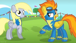 Size: 1024x576 | Tagged: safe, artist:noah-x3, derpy hooves, spitfire, pegasus, pony, female, mare, wonderbolt trainee uniform, wonderbolts uniform