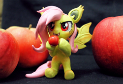 Size: 1200x822 | Tagged: safe, artist:aplexpony, fluttershy, bat pony, pony, bats!, apple, bipedal, clay, figurine, flutterbat, irl, photo, race swap, sculpture, solo