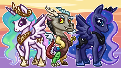 Size: 3005x1681 | Tagged: safe, artist:xerophilous, discord, princess celestia, princess luna, alicorn, pony, chibi