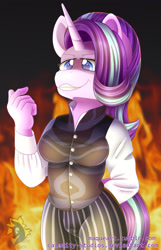 Size: 1500x2328 | Tagged: safe, artist:calamity-studios, starlight glimmer, anthro, unicorn, a series of unfortunate events, breasts, clothes, count olaf, crossover, evil grin, female, fire, grin, smiling, solo