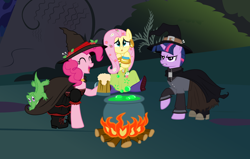 Size: 2604x1659 | Tagged: safe, artist:ellissummer, derpibooru import, fluttershy, gummy, pinkie pie, twilight sparkle, earth pony, pegasus, pony, unicorn, angry, beer, cauldron, costume, discworld, fire, granny weatherwax, hat, macbeth, magrat garlick, nanny ogg, nom, scared, shakespeare, shoes, sitting, witch, witchcraft, wyrd sisters
