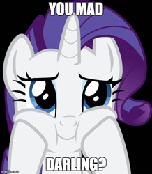 Size: 490x562 | Tagged: safe, artist:crimson, edit, rarity, pony, unicorn, caption, image macro, meme, solo, squishy cheeks, u mad