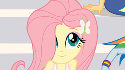 Size: 1366x768 | Tagged: safe, derpibooru import, screencap, applejack, fluttershy, rainbow dash, equestria girls, rainbow rocks, cute, hair over one eye, shyabetes, sitting, smiling