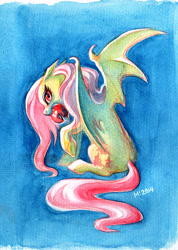 Size: 569x800 | Tagged: safe, artist:mamath, fluttershy, bat pony, pony, bats!, apple, flutterbat, mouth hold, race swap, solo, traditional art, watercolor painting