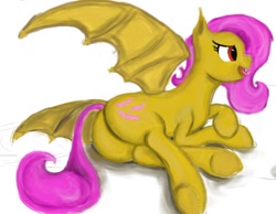 Size: 1148x893 | Tagged: safe, artist:chemiatoja, fluttershy, bat pony, pony, bats!, flutterbat, plot, race swap, solo