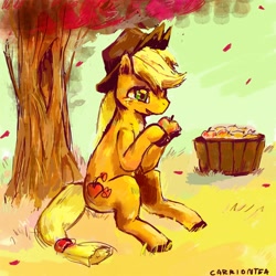 Size: 1000x1000 | Tagged: safe, artist:carriontea, applejack, earth pony, pony, apple, obligatory apple, sitting, solo, tree