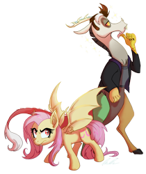 Size: 747x889 | Tagged: safe, artist:c-puff, artist:sakuyamon, discord, fluttershy, bat pony, draconequus, pony, bats!, clothes, cute, digital art, discobat, discoshy, discute, female, flutterbat, male, race swap, shipping, shyabates, shyabetes, simple background, spread wings, standing, straight, transparent background, twilight (series), wings