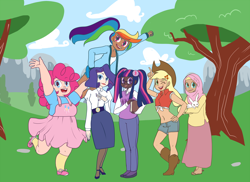 Size: 1500x1090 | Tagged: safe, artist:jun-k-tastic, derpibooru import, angel bunny, applejack, fluttershy, pinkie pie, rainbow dash, rarity, twilight sparkle, human, belly button, boots, clothes, dark skin, diversity, front knot midriff, high heels, hijab, humanized, islam, islamashy, long skirt, looking at you, mane six, midriff, ponytail, sandals, shoes, skirt