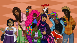 Size: 1260x700 | Tagged: safe, artist:kiotsukatanna, derpibooru import, applejack, fluttershy, pinkie pie, rainbow dash, rarity, spike, twilight sparkle, human, alternate hairstyle, clothes, dark skin, diversity, dress, female, fingerless gloves, gloves, high five, hijab, humanized, islam, islamashy, jeans, male, mane seven, mane six, manface, natural hair color, pants, shorts, socks, sweater, sweatershy, why meph why